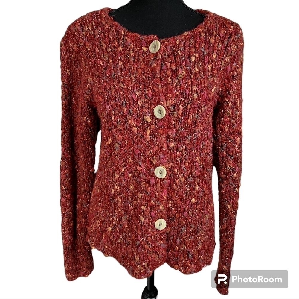 Alps Marled Burgundy Multicolor Cardigan Size M Bone Buttons Mohair Alpaca Blend